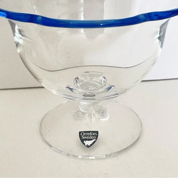 Vintage Orrefors Sweden Crystal Compote Bowl Cobalt Blue Rim Pedestal Dish - Picture 8 of 12
